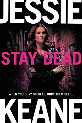 Book cover: woman in black, dark alley, pink title "Stay Dead".