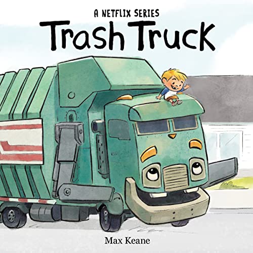 Green trash truck with a smiling face and a boy on top.