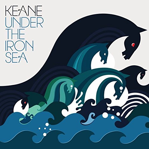 Album cover for Keane’s “Under The Iron Sea” featuring stylized blue waves and horses.