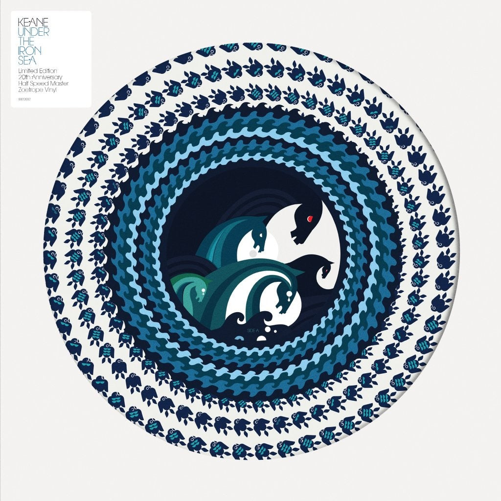 Vinyl record with concentric blue waves and silhouetted figures.