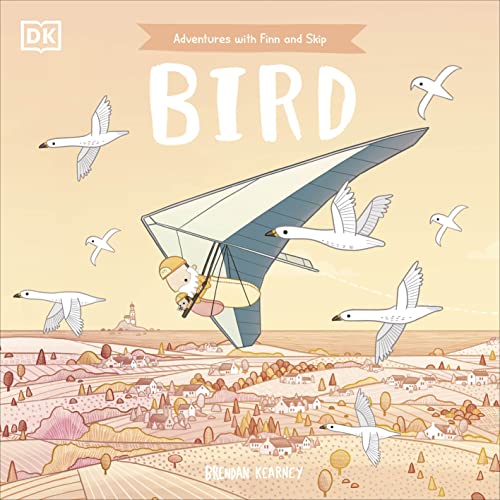 Illustration of a person hang gliding among white birds over a rural landscape.