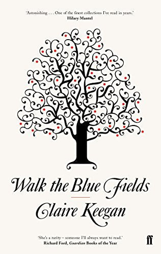 Book cover: black tree with red dots, title "Walk the Blue Fields".