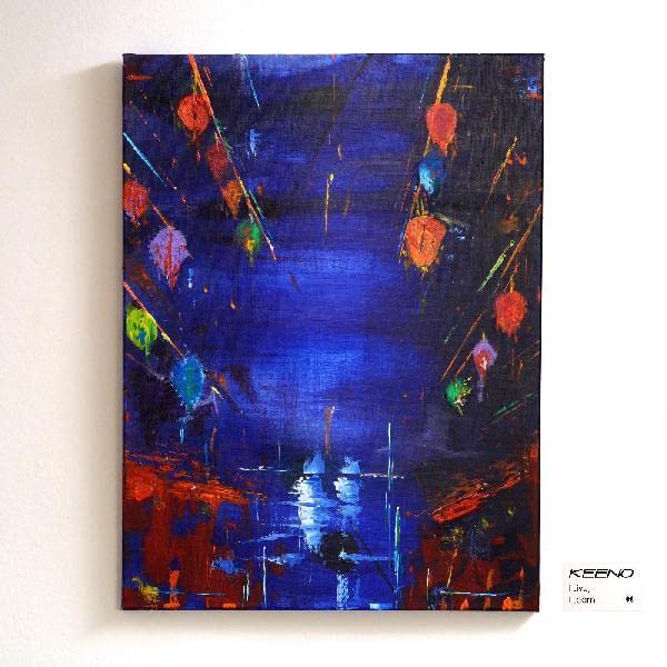 Abstract painting of blue and red with scattered, blurred lights.