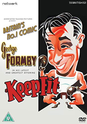 "DVD cover for 'Keep Fit' featuring a cartoon man exercising with dumbbells, smiling."