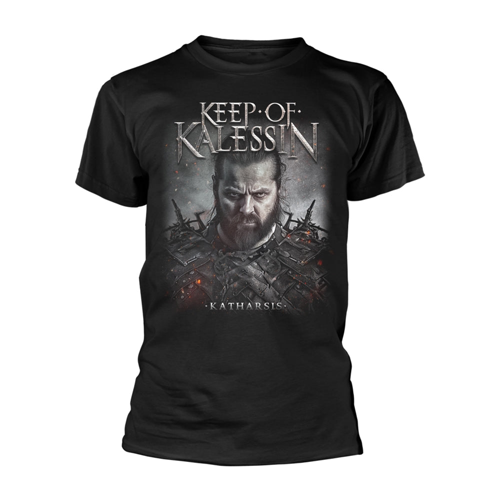 Black t-shirt with a portrait of a bearded man and band logo.