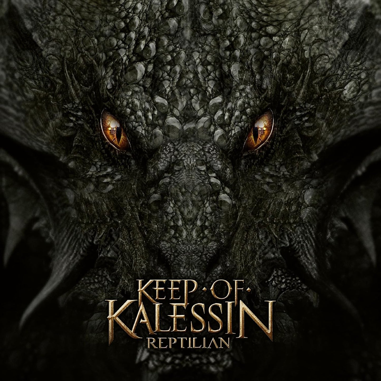Close-up of a reptilian face with orange eyes and album title.