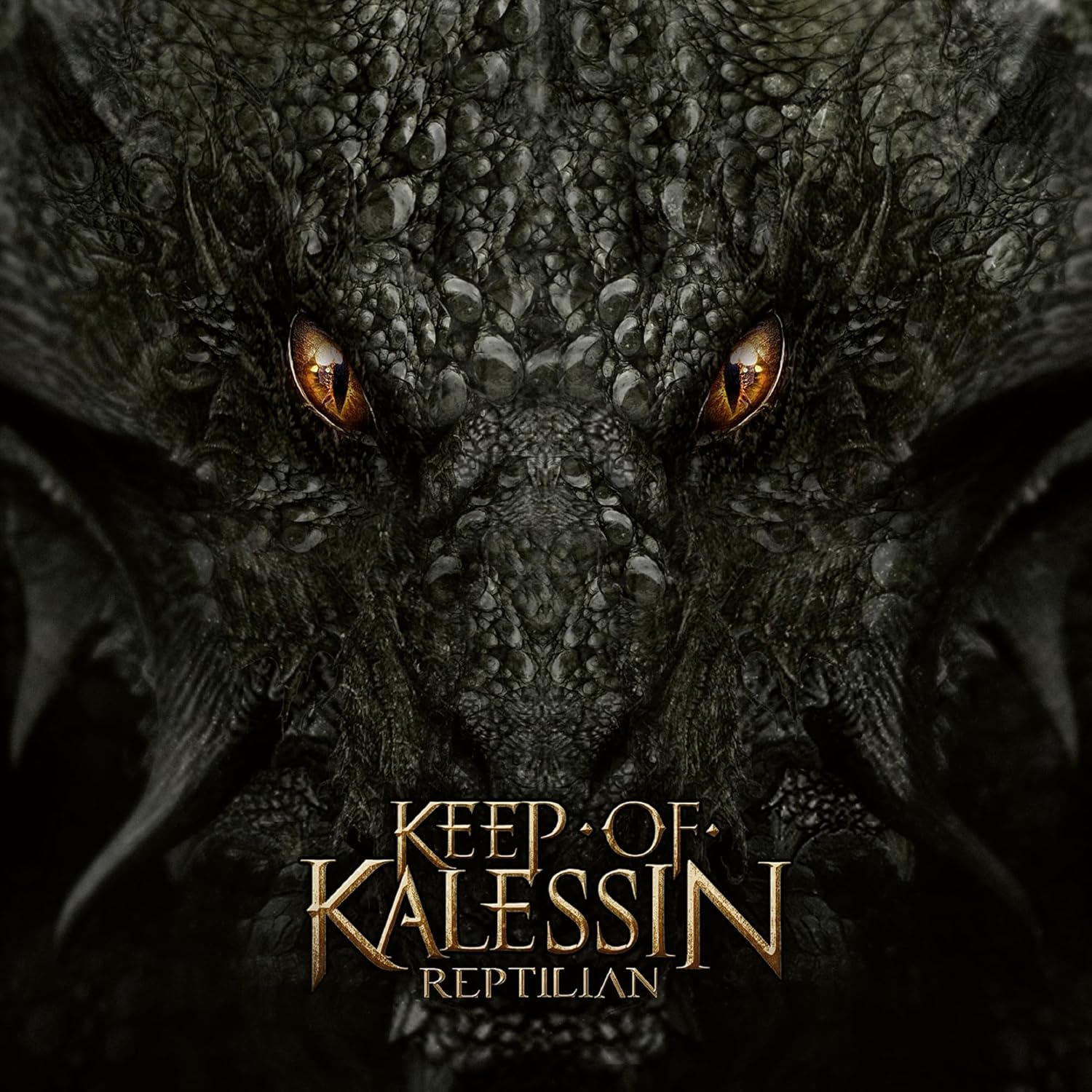Close-up of a reptilian face with glowing eyes and band logo.