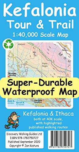 Map of Kefalonia with trails, roads, and places marked on a geographical base.