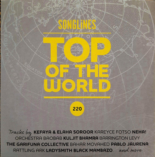 CD cover with a world map background and bold yellow text.