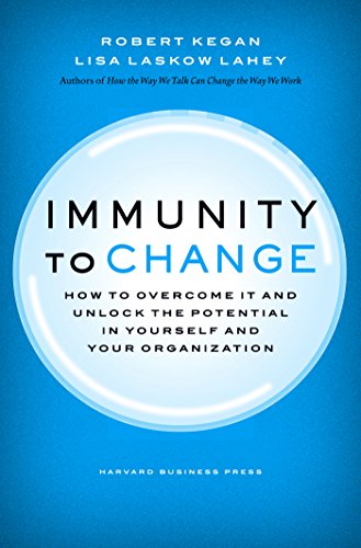 Book cover for Immunity to Change with a large bubble graphic on blue background.