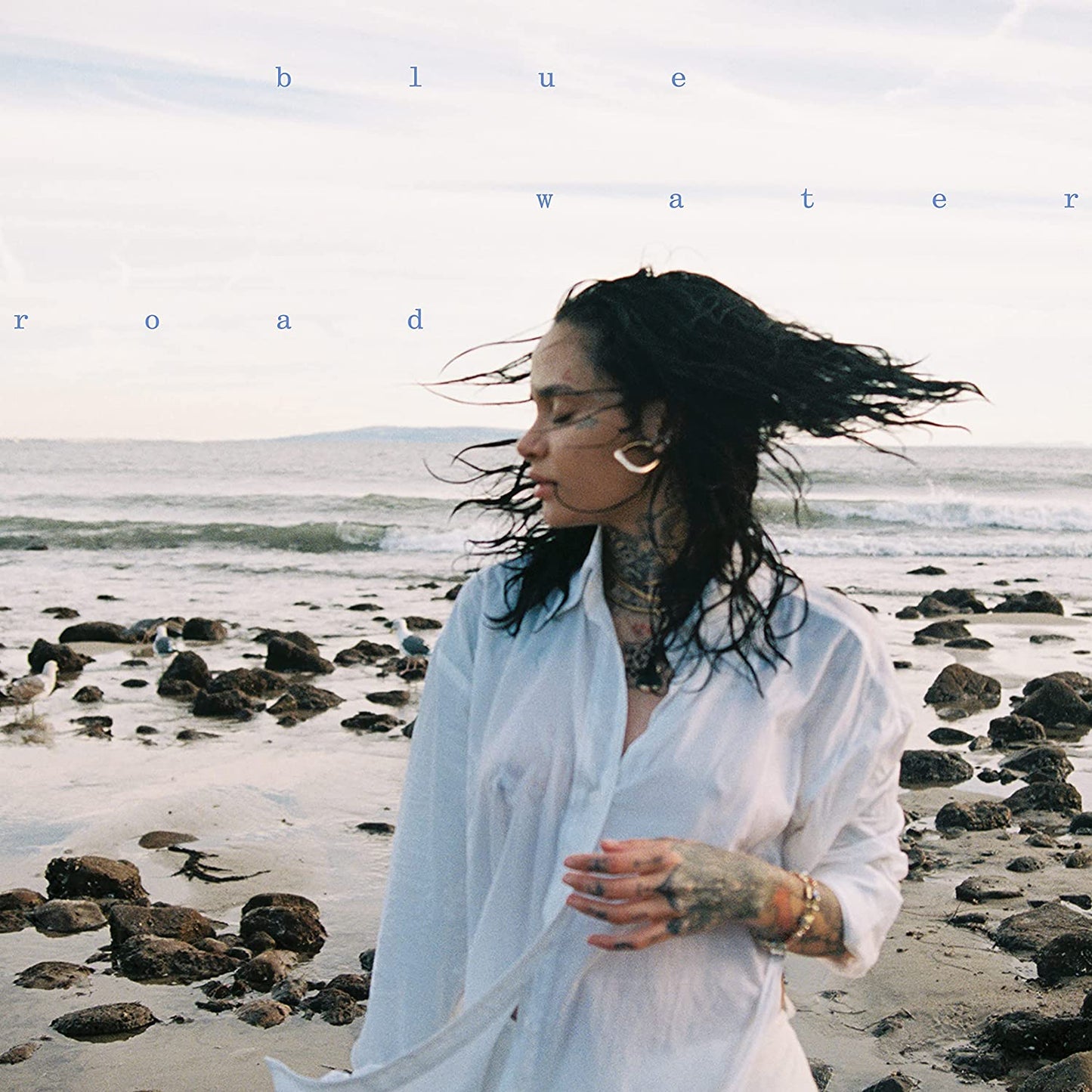 "Album cover featuring a woman with tattoos on a rocky beach with flowing hair."