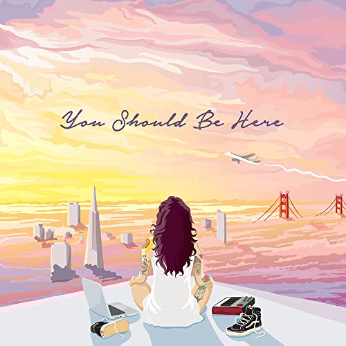 Album cover: woman with curly hair overlooking a city skyline at sunset.