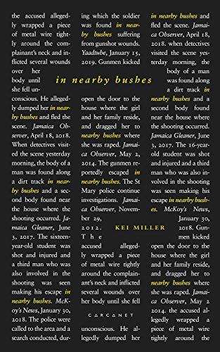 Book cover with text repeating “in nearby bushes” over a dark background.