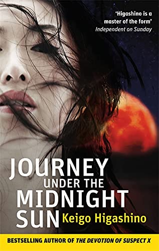 Book cover: woman’s face, fiery landscape, and title “Journey Under the Midnight Sun.”