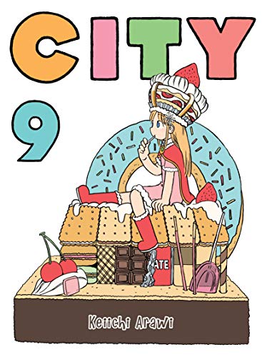 Manga cover illustration of a girl sitting on a structure made of sweets.