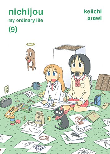 Manga volume 9 cover: two girls and a floating dog amidst clutter.