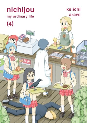 “Nichijou Volume 4” manga cover with schoolgirls, a counter, and a fallen figure.