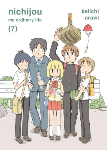 Five manga characters stand together in front of a bench on the book cover.