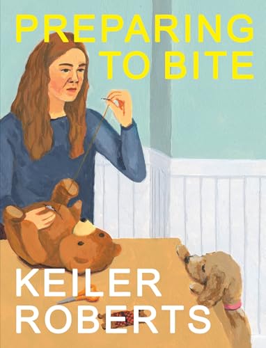 Illustration of a woman sewing a teddy bear with a small dog watching.
