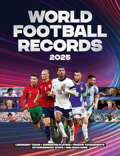 Book cover titled World Football Records 2025 featuring five professional soccer players.