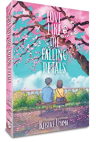 Book cover depicting two people on a bench under pink cherry blossoms.