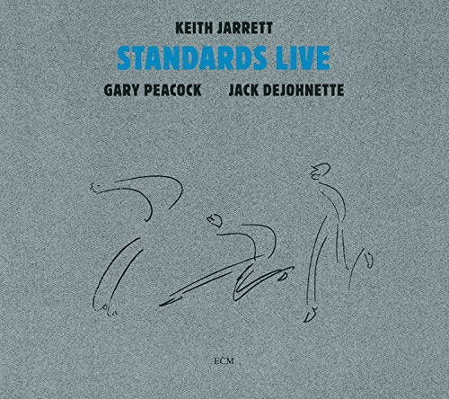 A blue-gray album cover with simple line drawings and musician names in black and blue text.