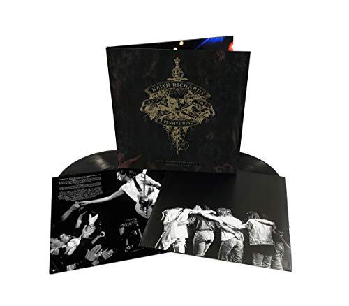 "Vinyl record album cover with black sleeve and gold logo, featuring black and white photos."