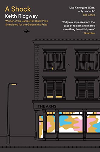 Book cover: dark building illustration with colorful windows, titled "A Shock.