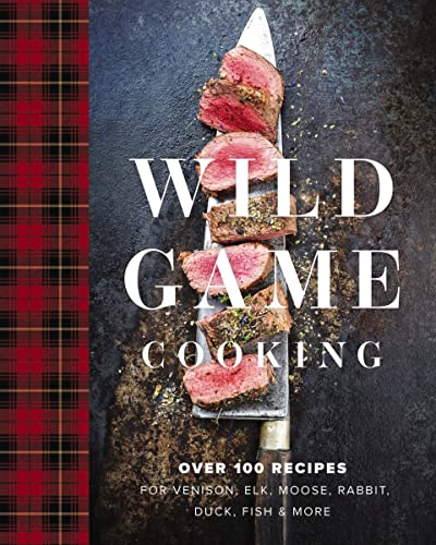 Cookbook cover featuring sliced meat on a knife with plaid background.