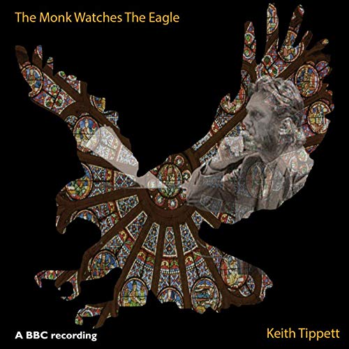 "Album cover with stained-glass eagle and superimposed man's face on a black background."