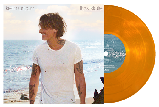 Orange vinyl record for Keith Urban’s “flow state” album, with artist portrait.