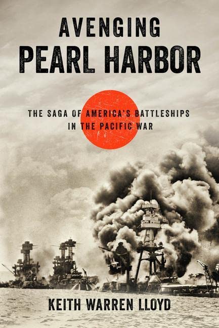 Book cover: Battleships amid smoke, red sun, title "Avenging Pearl Harbor".