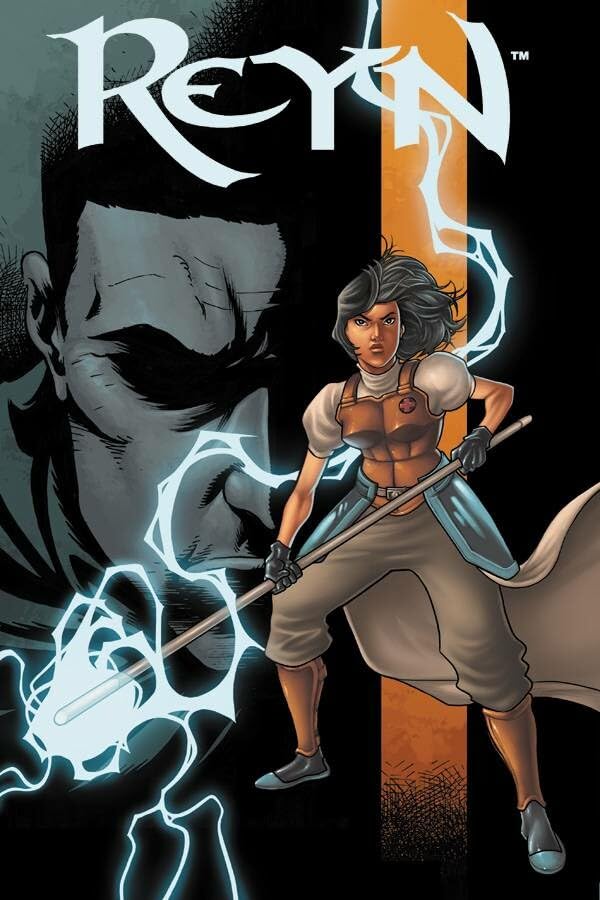 Comic book cover featuring a woman with a sword and energy effects.