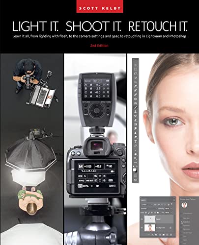 Book cover featuring a photographer, camera with flash, and a retouched portrait.