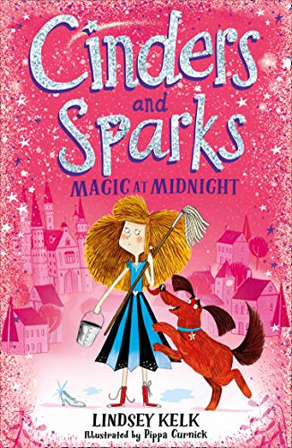 Book cover: girl with dog, castle background, and glittering title text.