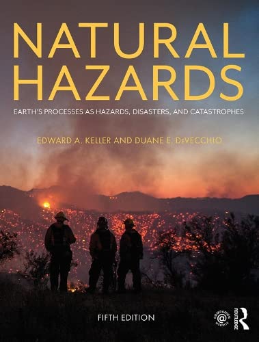 Book cover depicting firefighters observing a wildfire, titled "Natural Hazards.