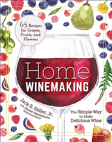 Book cover with wine glass, fruit illustrations, and “Home Winemaking” title.