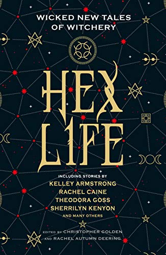 Dark book cover with gold title "HEX LIFE" and starry, mystical design.