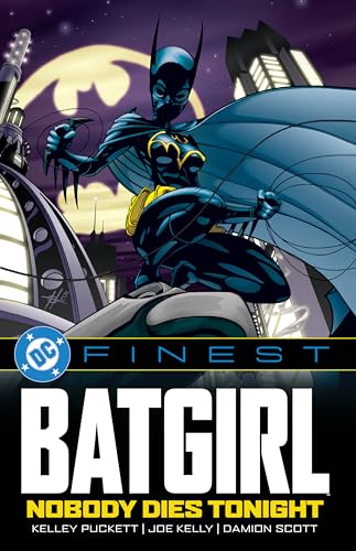 Batgirl crouches on a rooftop against a Gotham skyline with a large moon background.