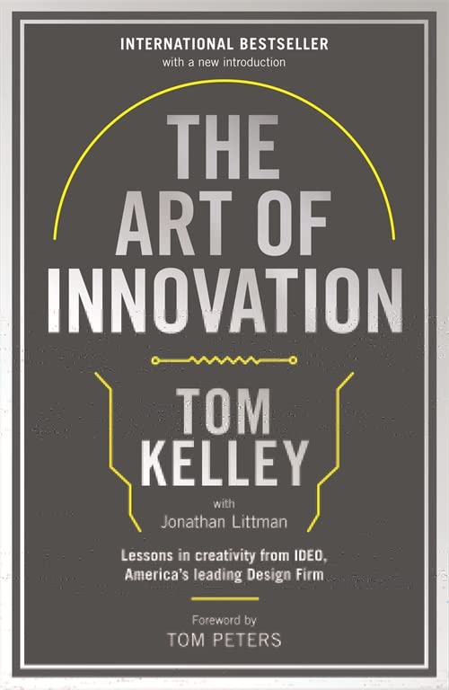 Book cover: "The Art of Innovation" by Tom Kelley, gray background.