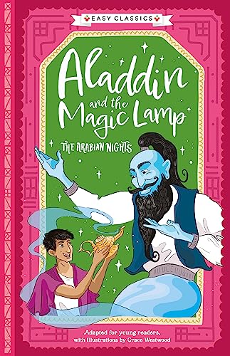Book cover: Aladdin and the Magic Lamp, featuring a genie and boy.