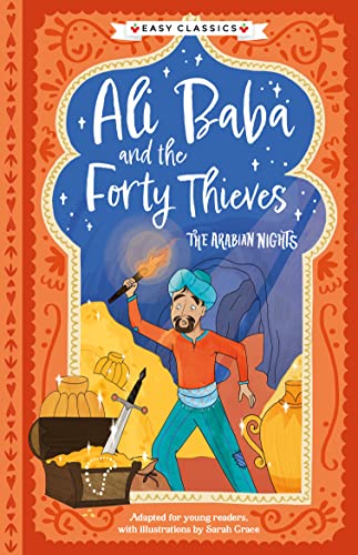 Book cover: Ali Baba and the Forty Thieves, illustrated with a man and treasure.