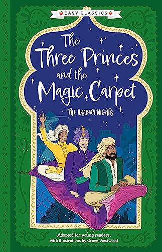 Book cover: Three princes on a flying magic carpet illustration.