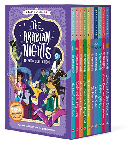Purple box set of ten illustrated "Arabian Nights" children’s books.