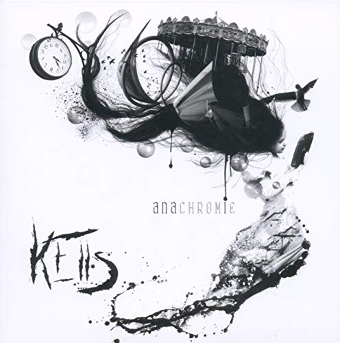 Black and white album cover with a girl, clock, and carousel imagery.