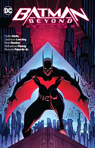 Batman Beyond cover: futuristic hero perched over a neon city skyline.