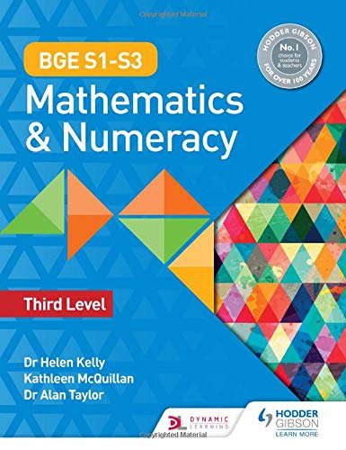 Textbook cover: "BGE S1–S3 Mathematics & Numeracy: Third Level" with colorful triangles.