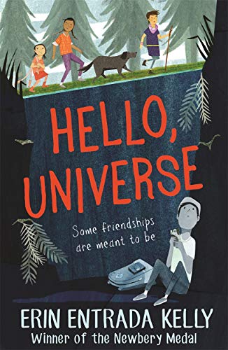 Book cover: "Hello, Universe" depicts children, a dog, and forest scenes.