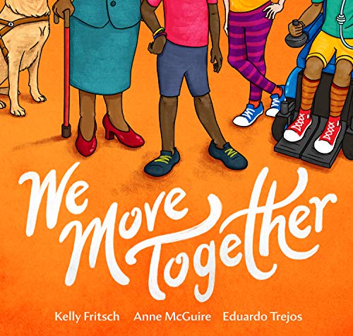 Diverse group walking together, including people with mobility aids, on orange background.