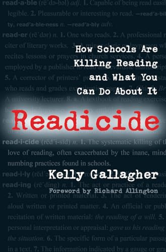 Book cover for "Readicide" with red title over text-filled background.